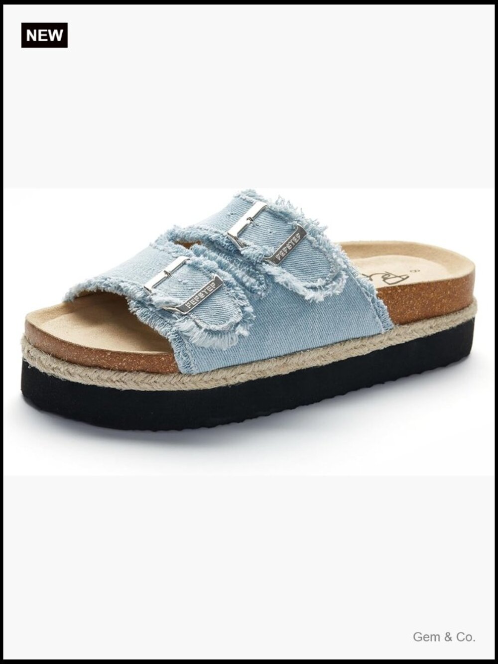 Slide Sandals with Cork Footbed, Adjustable Buckle Strap, 1.75" Platform - Picture 1 of 7